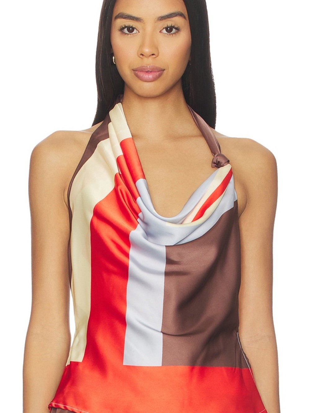 Colorblock Satin Halter Cowl Top - Brown/Red/Cream
